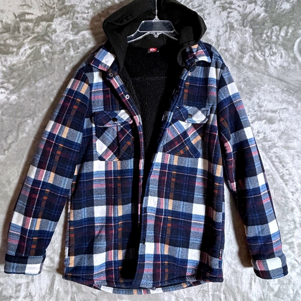 Quiksilver Men Hooded Flannel Shirt Jacket Blue Plaid Sherpa Lined Small Shacket - Picture 1 of 13